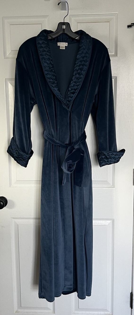 Jones New York Vintage Teal Blue Velour Robe Quilted Collar Long Luxury L/XL